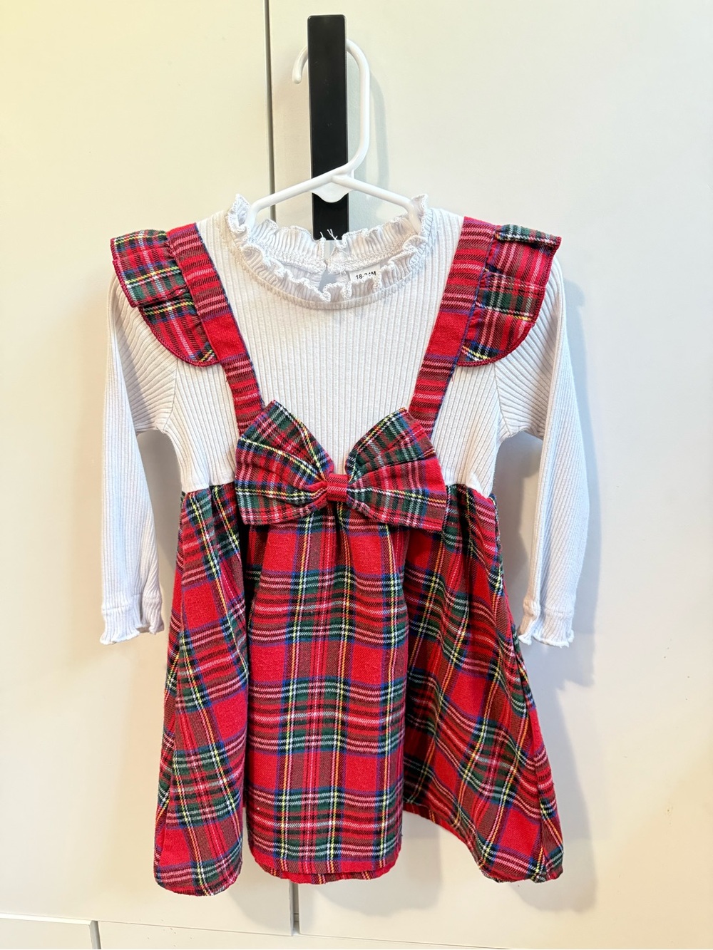SHEIN White Ribbed Top with Red Plaid Bow Suspenders Dress
